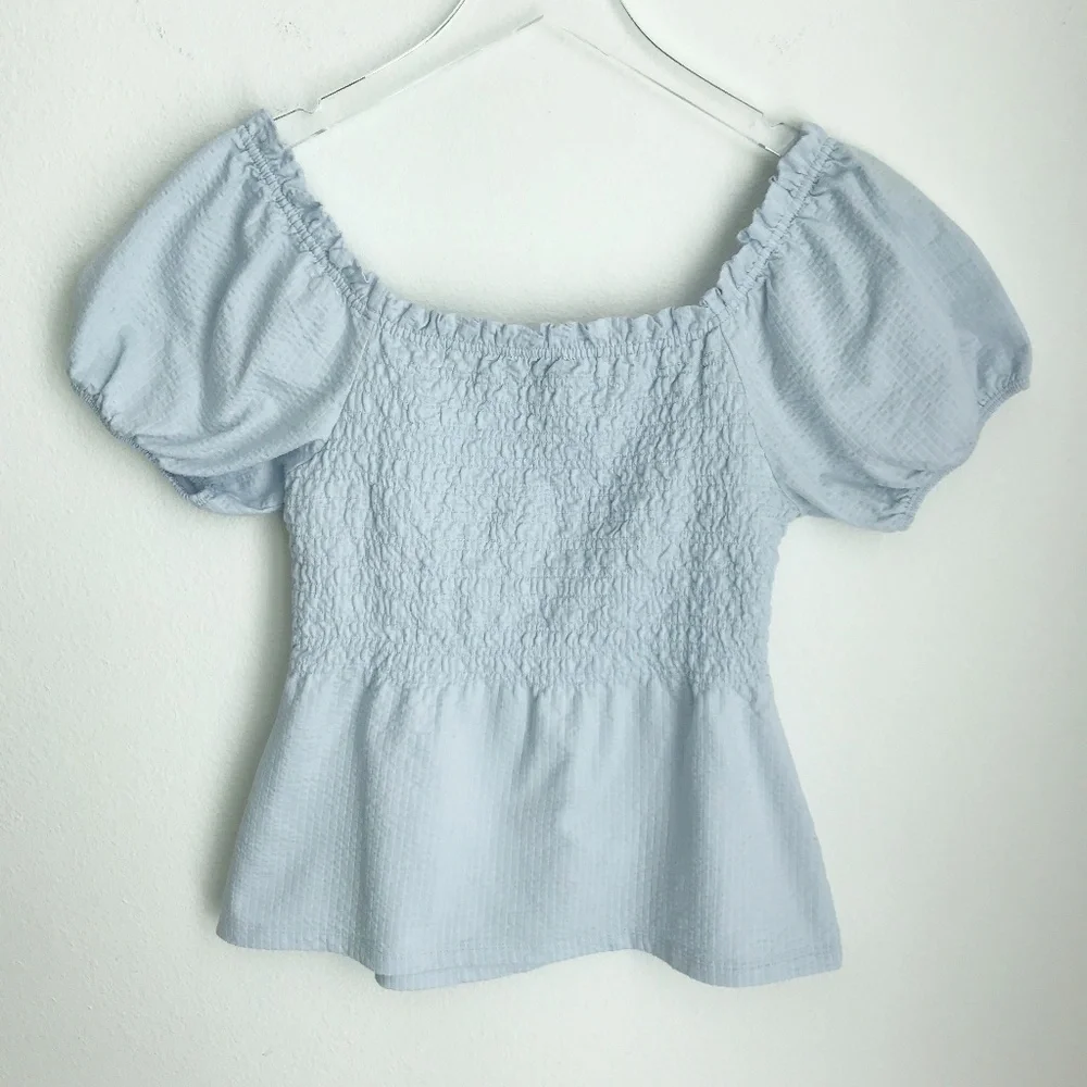 J Crew Seersucker Smocked Top Size S Puff Sleeve Square Neck Serene Blue